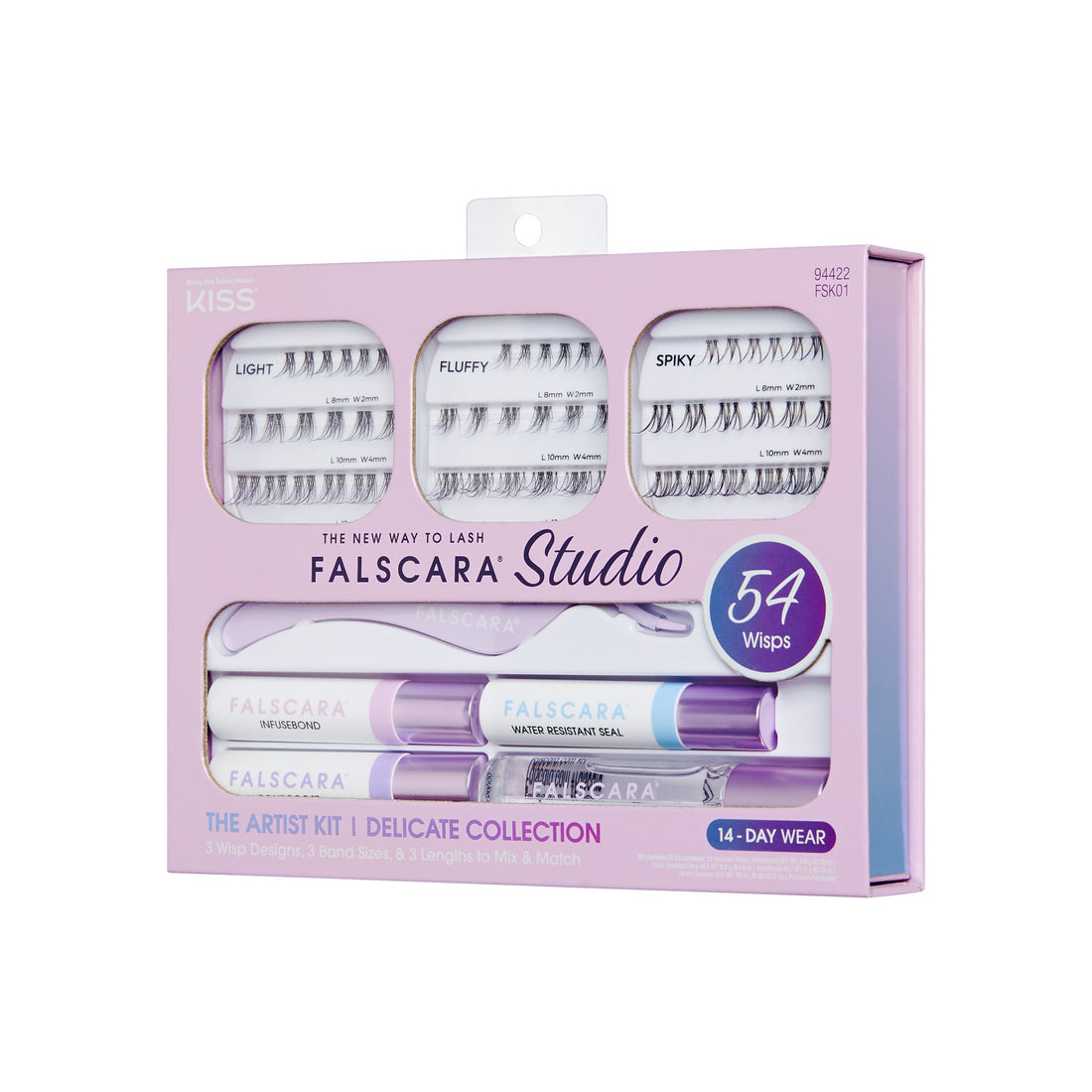 FALSCARA Studio Lash Extension Kit in pink packaging shows 54 wisps with three styles labeled Light, Fluffy, Spiky, plus bonding glue, sealant, and applicator, promising 14-day wear.