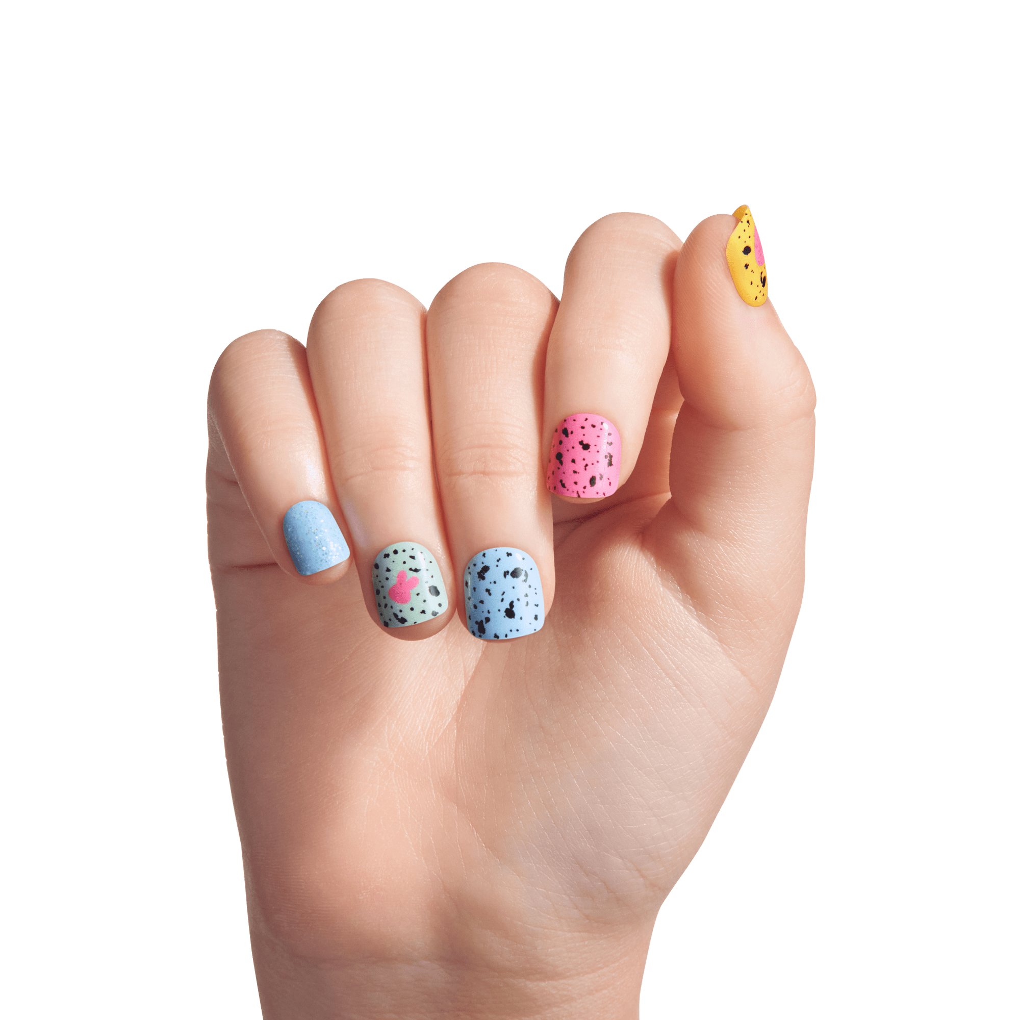 Hand displaying colorful speckled nail polish in blue, pink, mint, and yellow shades.