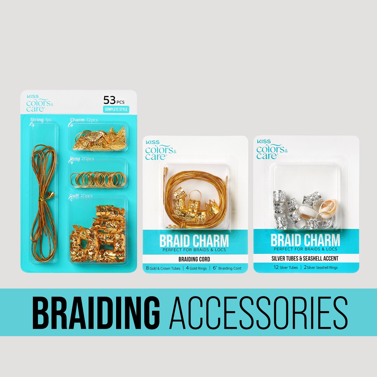 KISS Colors &amp; Care braiding accessories: complete style kit, braid charm sets in gold and silver.