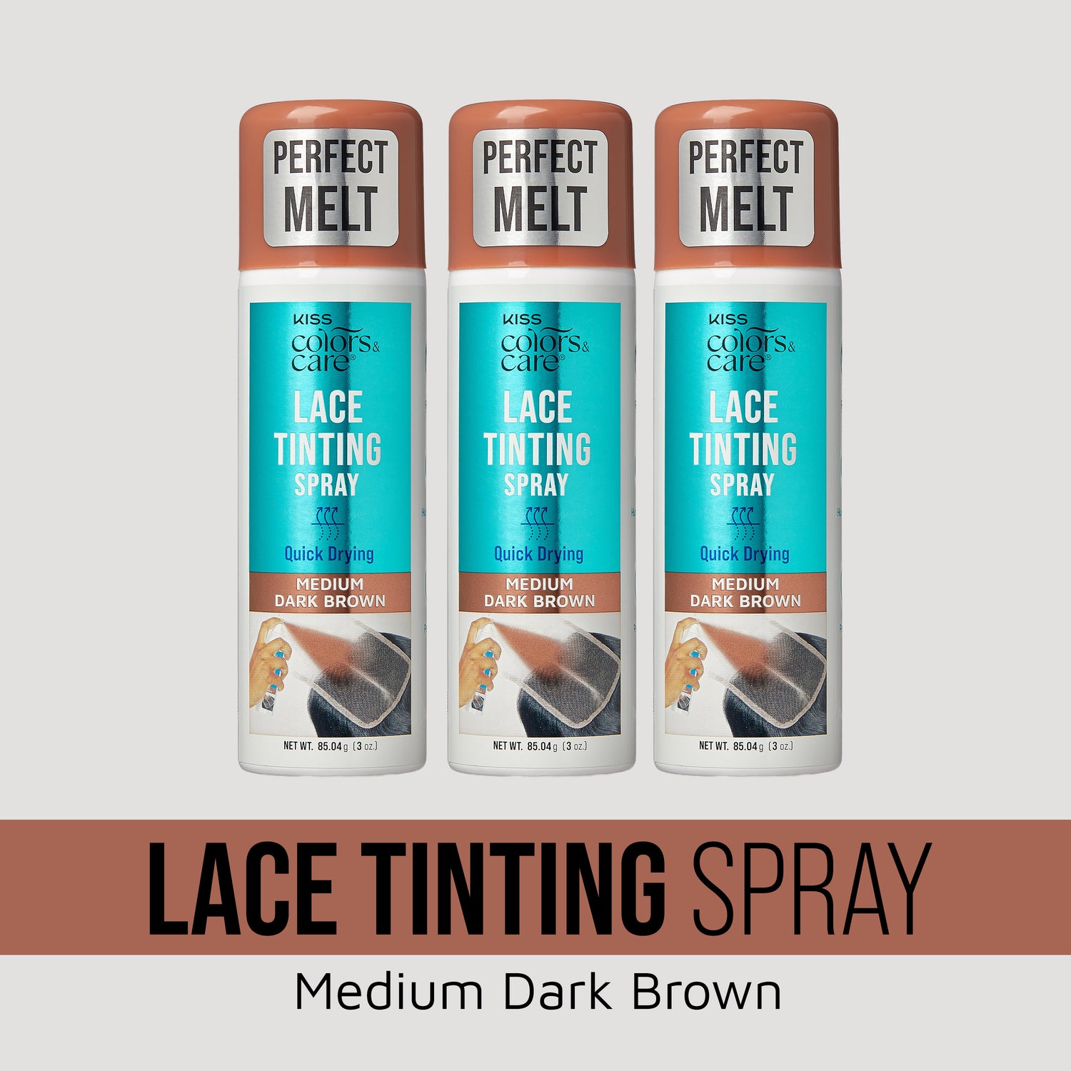 Kiss Colors &amp; Care Lace Tinting Spray Medium Dark Brown, 3 oz bottles