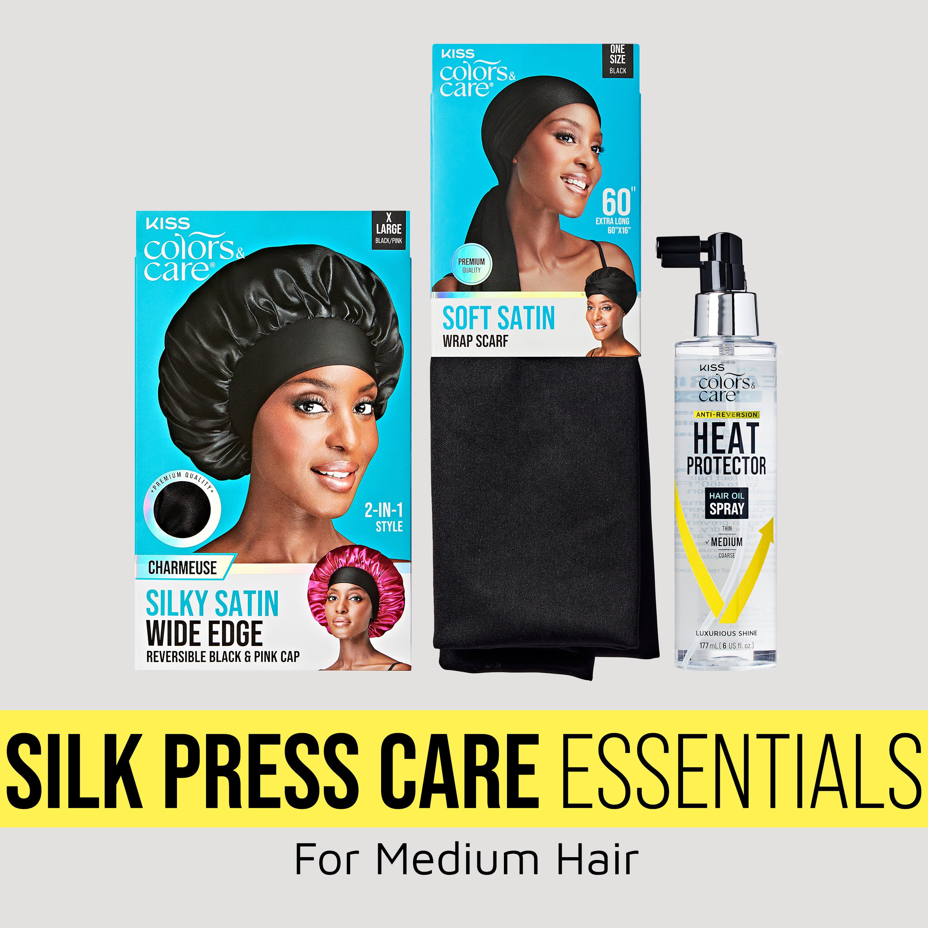KISS Colors &amp; Care Silk Press Care Essentials Bundle - Hair Oil Spray