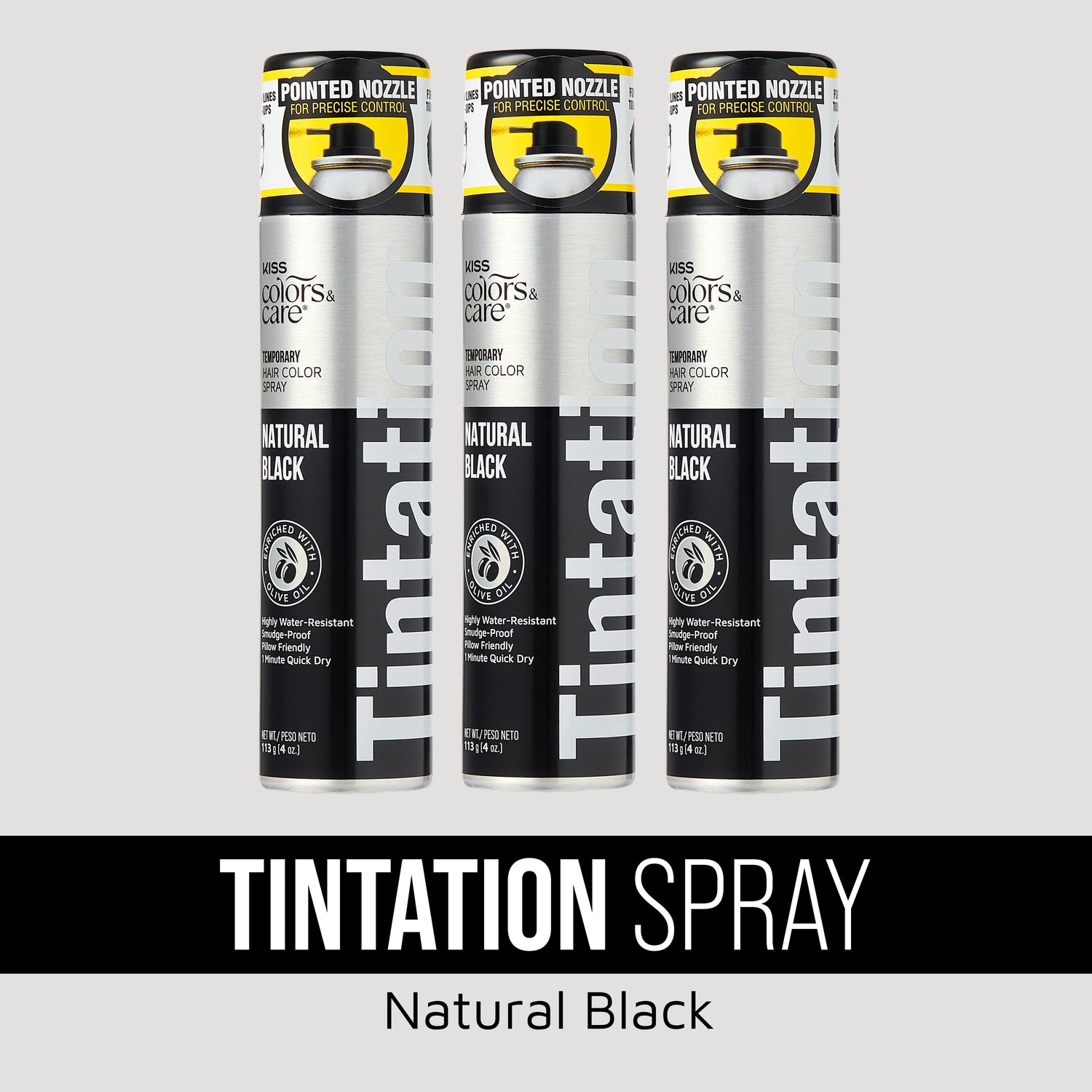 Thats! Natural Black Tintation Spray 3-pack with pointed nozzle for precise hair color application.