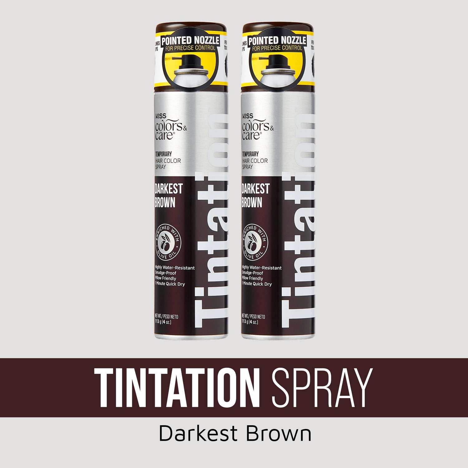 Two Tintation Darkest Brown temporary hair color spray cans with pointed nozzle