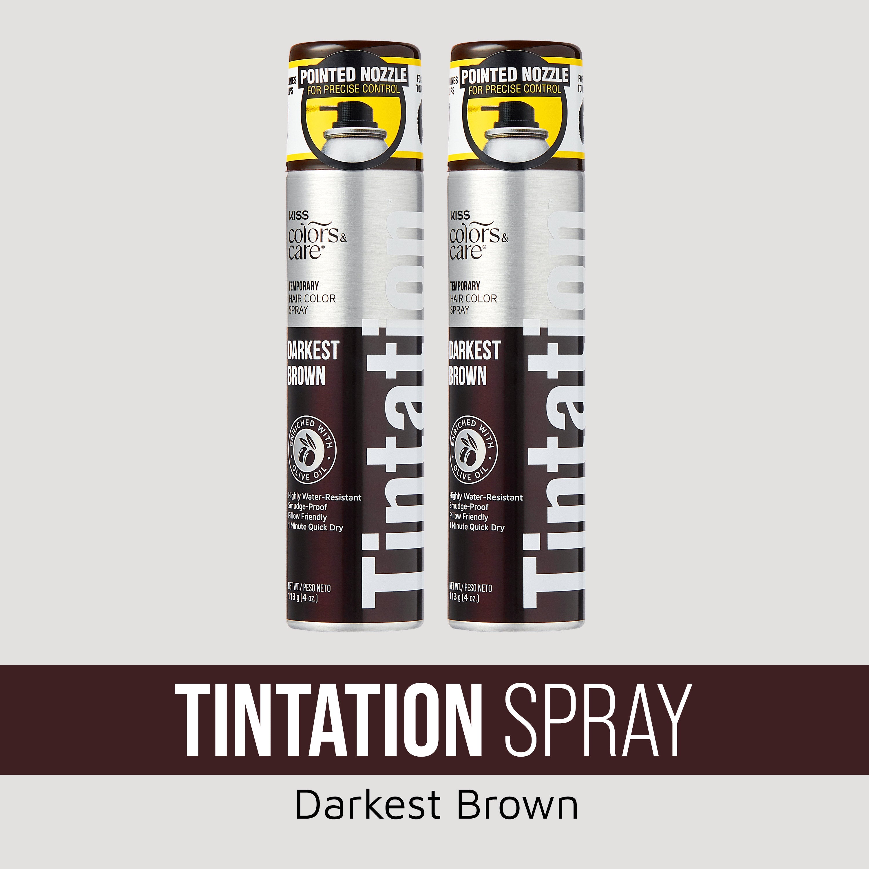 Two Tintation Darkest Brown temporary hair color spray cans with pointed nozzle