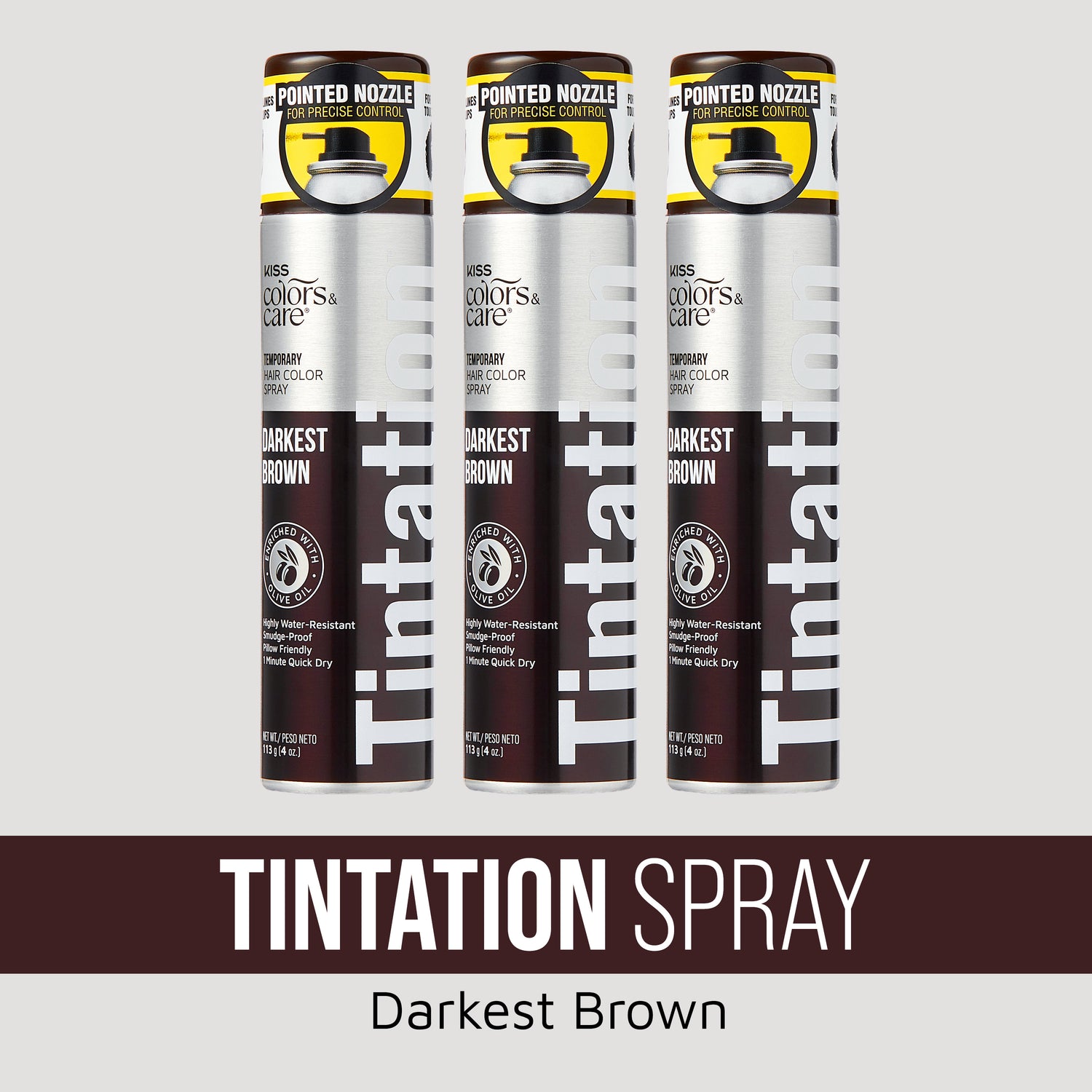 Three Tintation Spray cans in Darkest Brown with pointed nozzle for precise control.