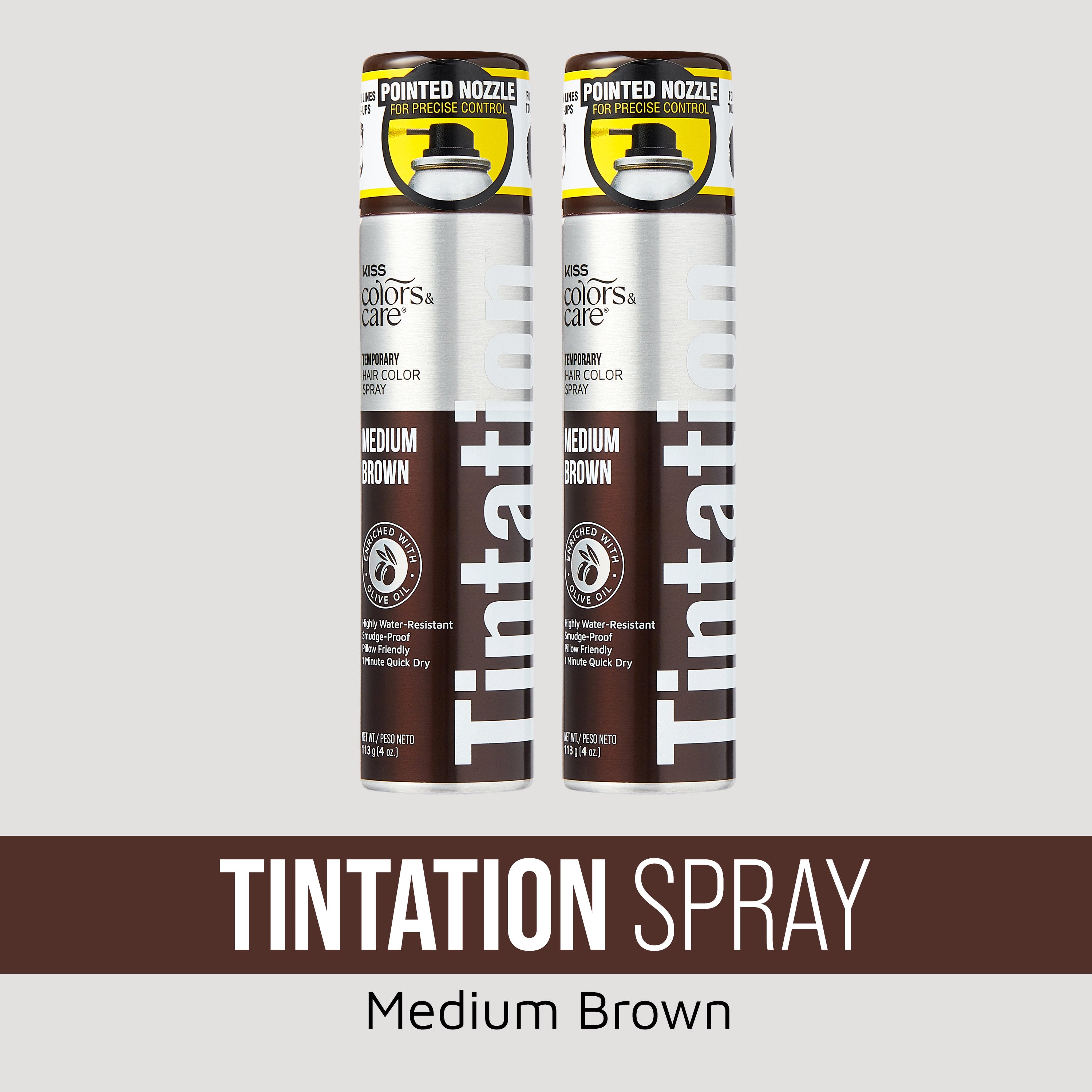 Two Thaiplus Medium Brown temporary hair color spray cans with pointed nozzles.