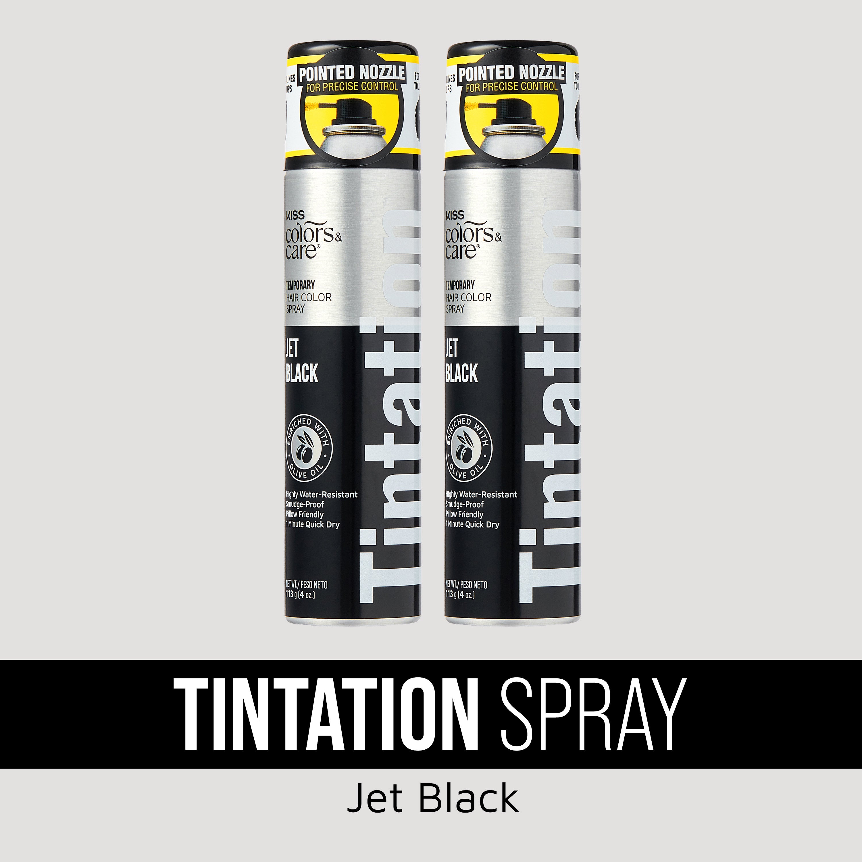 Two Thait+ Jet Black temporary hair color spray cans with pointed nozzles