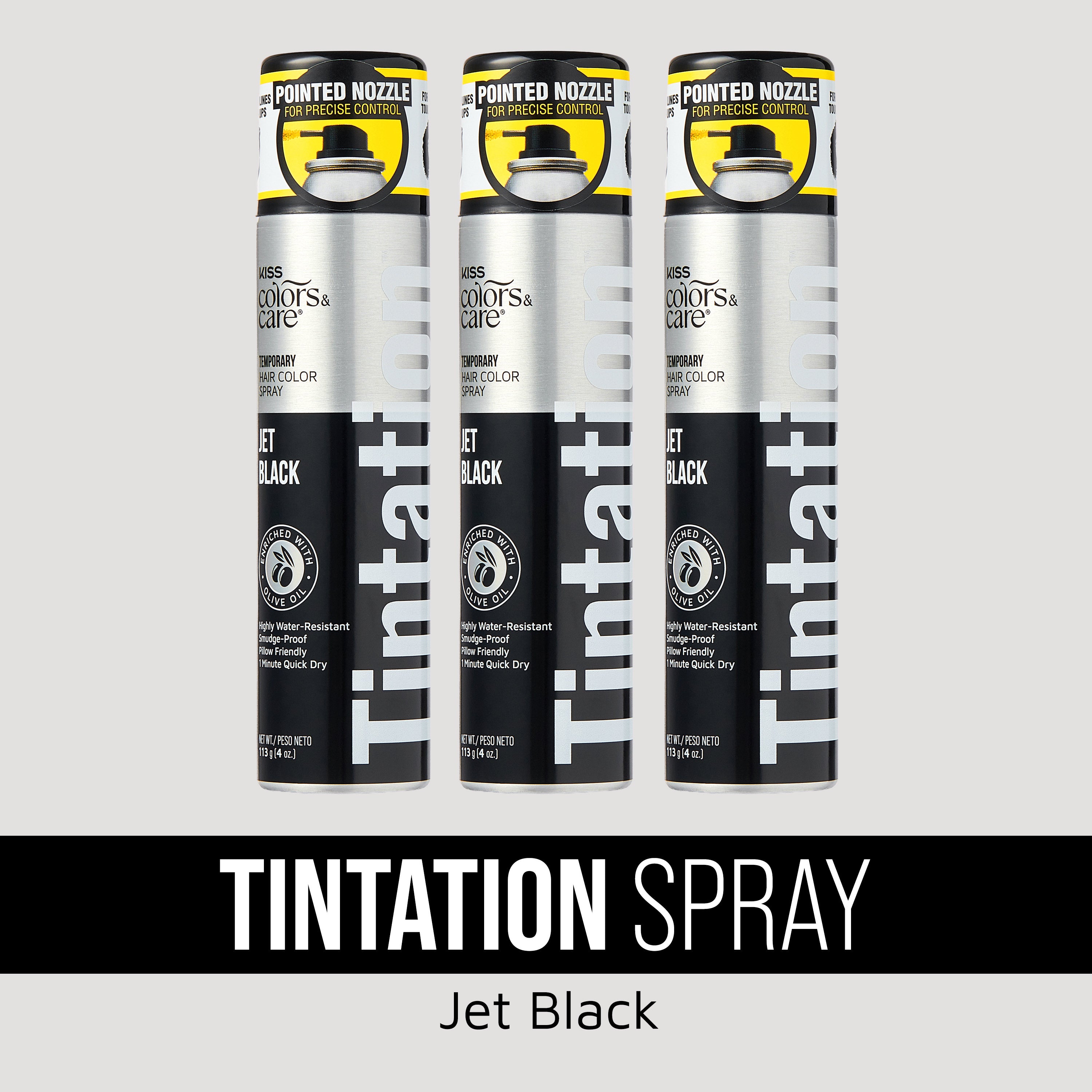 Three Tintation Jet Black temporary hair color spray cans with pointed nozzle applicators.