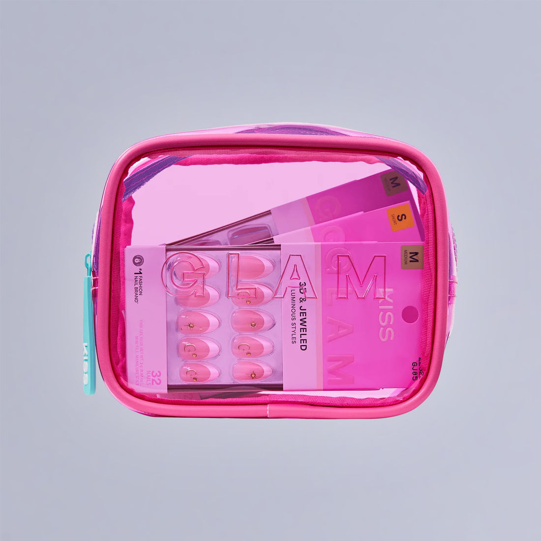 Build Your Own Glam Bag - KISS Nails Pink translucent makeup bag with 3 nail packages inside