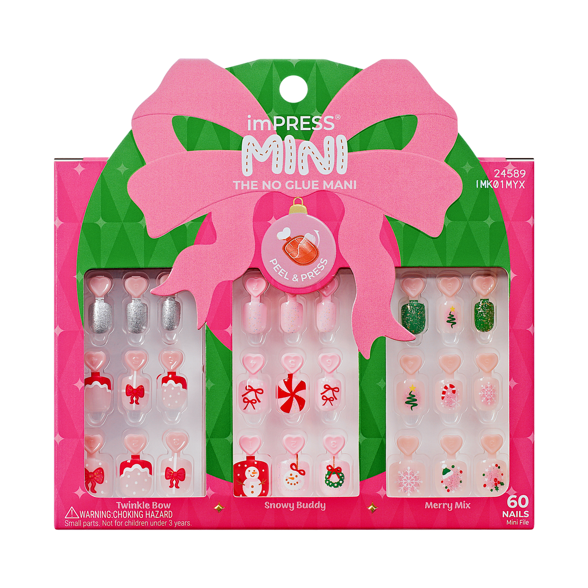Impress Kids Holiday No Glue Fake Press On Nails - Jingle Joy Gift Set | Design, Pink &amp; Red, Kids, Squoval, 3 Manicure Sets Included