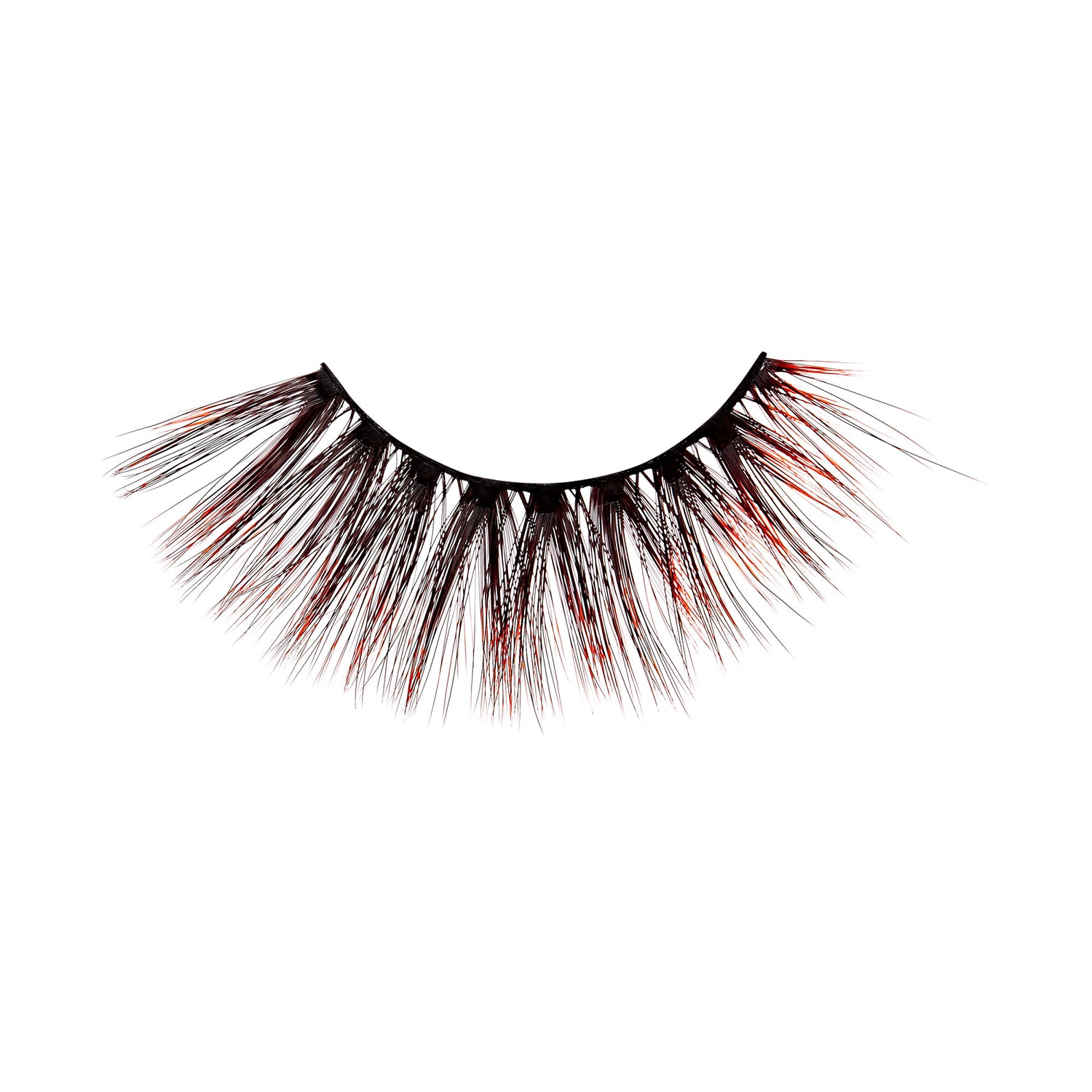 The image shows a single false eyelash. The eyelash is designed with a mix of black and red fibers, giving it a dramatic and bold appearance. The fibers are densely packed at the base and gradually become sparser towards the tips, creating a voluminous and fluttery effect. The red fibers are interspersed among the black ones, adding a striking contrast and a unique look to the eyelash.