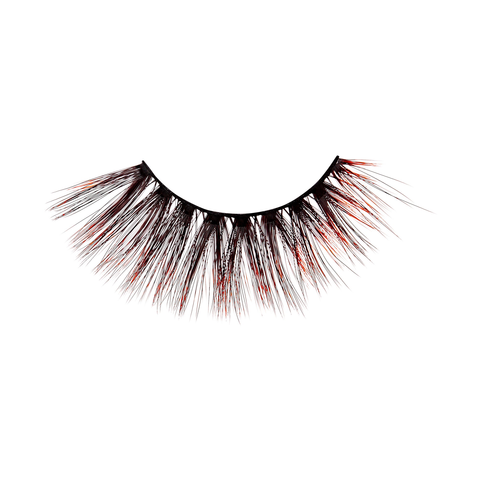 The image shows a single false eyelash. The eyelash is designed with a mix of black and red fibers, giving it a dramatic and bold appearance. The fibers are densely packed at the base and gradually become sparser towards the tips, creating a voluminous and fluttery effect. The red fibers are interspersed among the black ones, adding a striking contrast and a unique look to the eyelash.