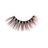 The image shows a single false eyelash. The eyelash is designed with a mix of black and red fibers, giving it a dramatic and bold appearance. The fibers are densely packed at the base and gradually become sparser towards the tips, creating a voluminous and fluttery effect. The red fibers are interspersed among the black ones, adding a striking contrast and a unique look to the eyelash.