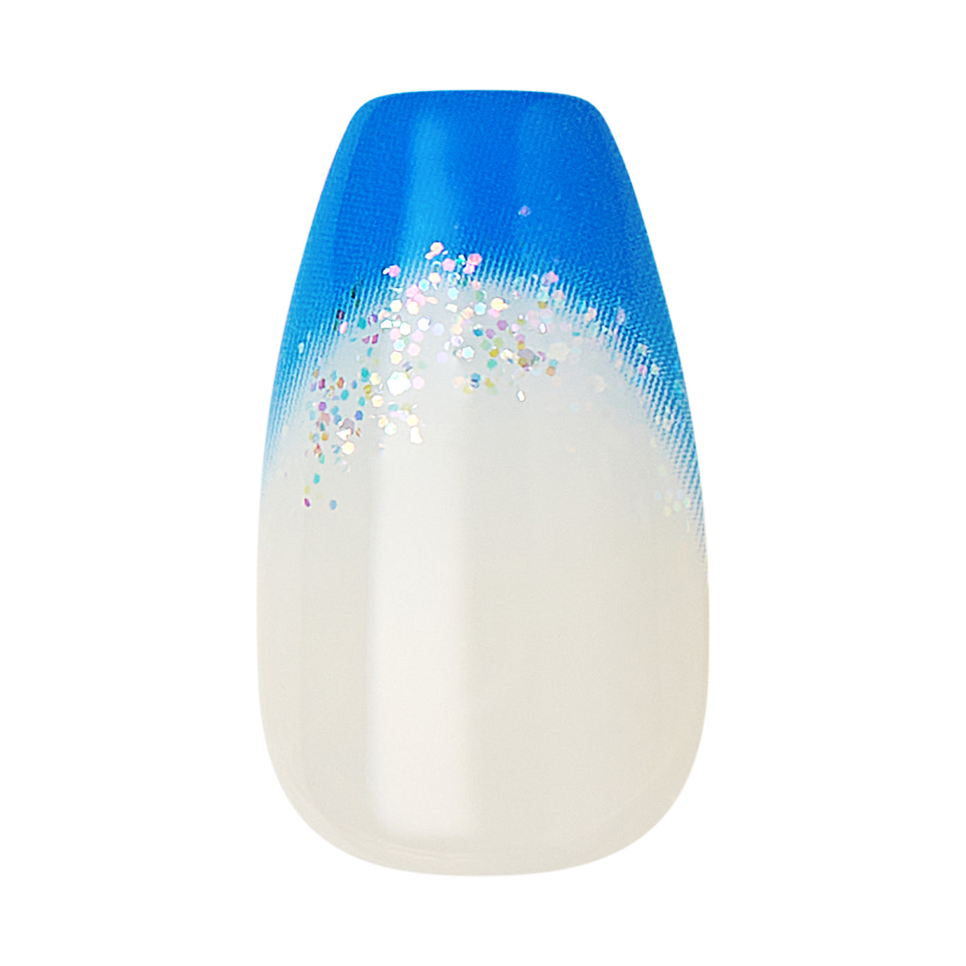 Single press-on nail with a clear base, bright blue tip, and iridescent glitter gradient at the transition between blue and clear.