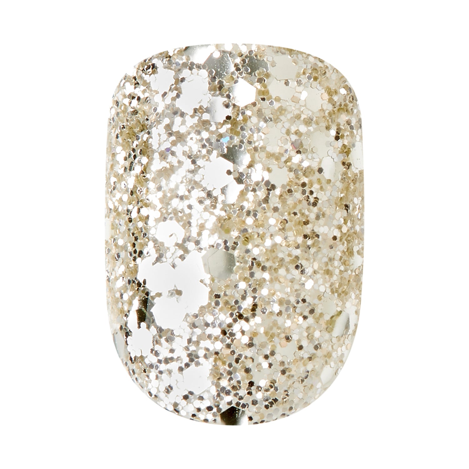 Single press-on nail in a rounded square shape with a clear base and densely packed silver and gold glitter for a sparkling manicure.