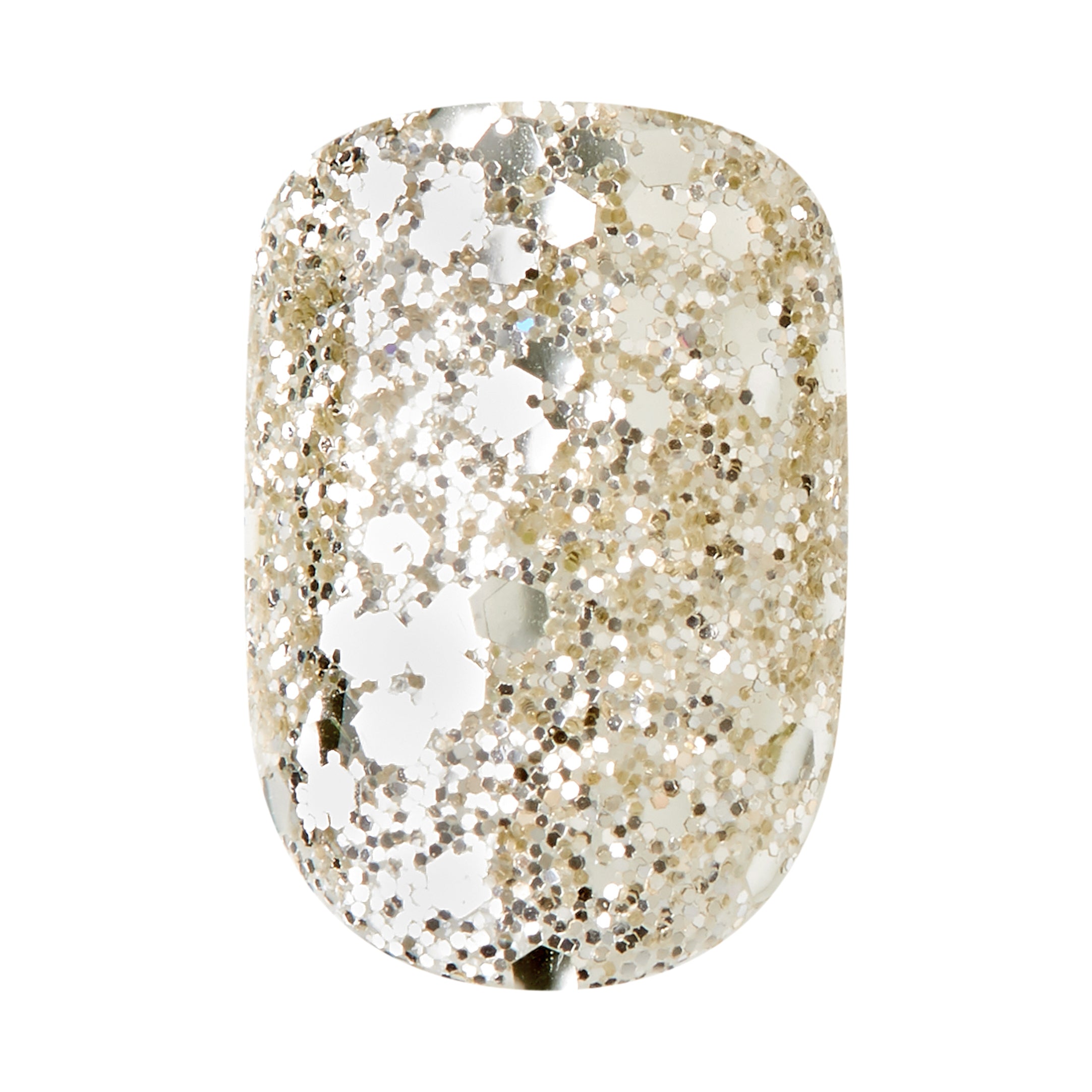Single press-on nail in a rounded square shape with a clear base and densely packed silver and gold glitter for a sparkling manicure.