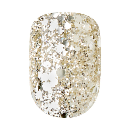 Single press-on nail in a rounded square shape with a clear base and densely packed silver and gold glitter for a sparkling manicure.