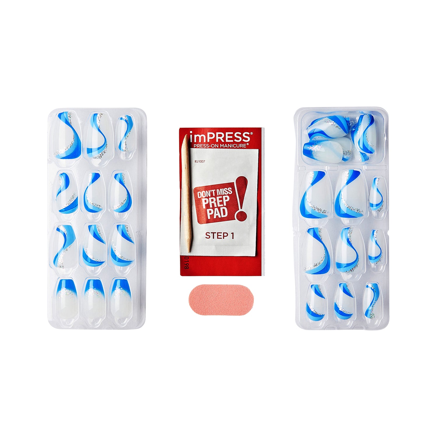 Blue and white swirl press-on nails with silver glitter accents, displayed in trays alongside a red and white prep pad packet labeled \