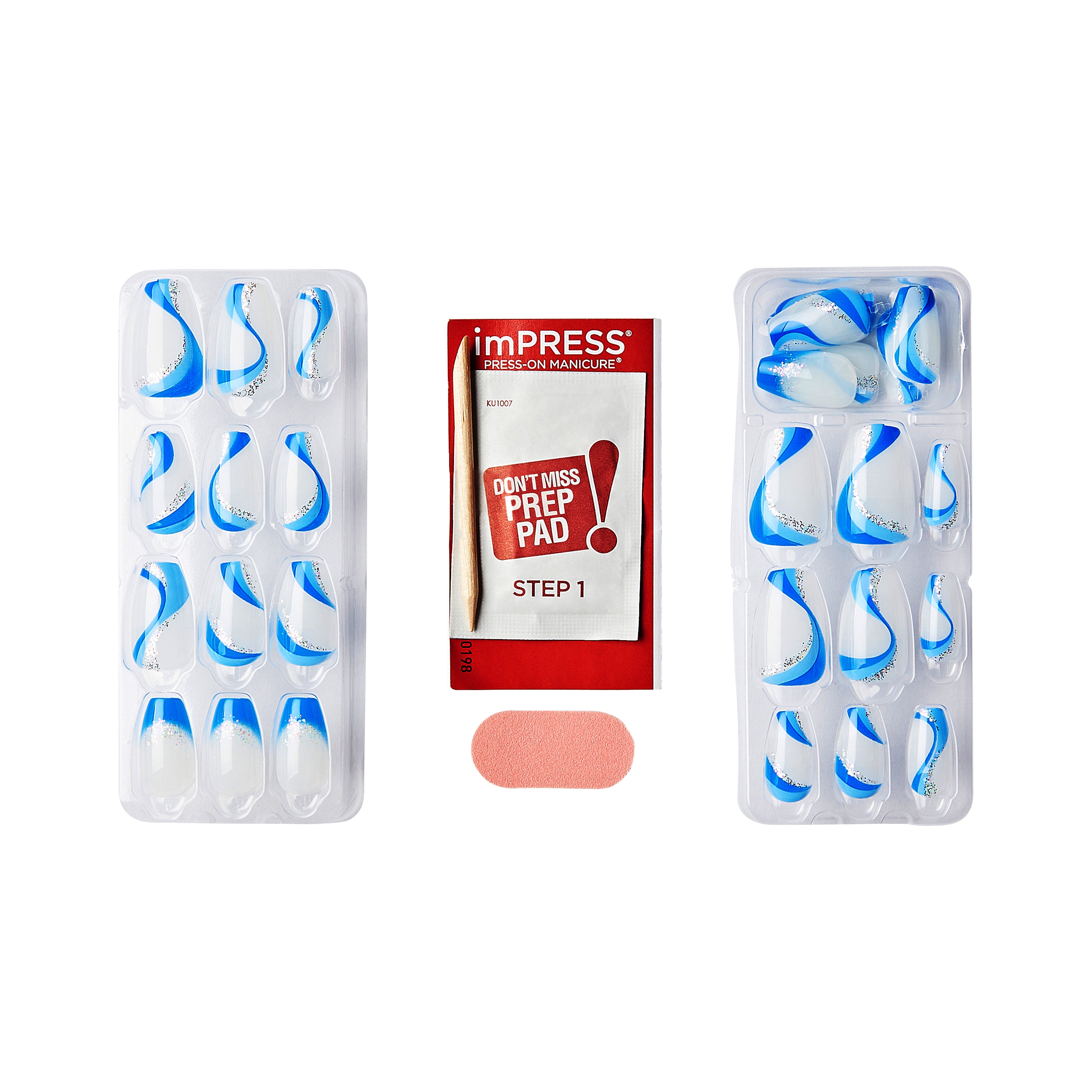 Blue and white swirl press-on nails with silver glitter accents, displayed in trays alongside a red and white prep pad packet labeled \