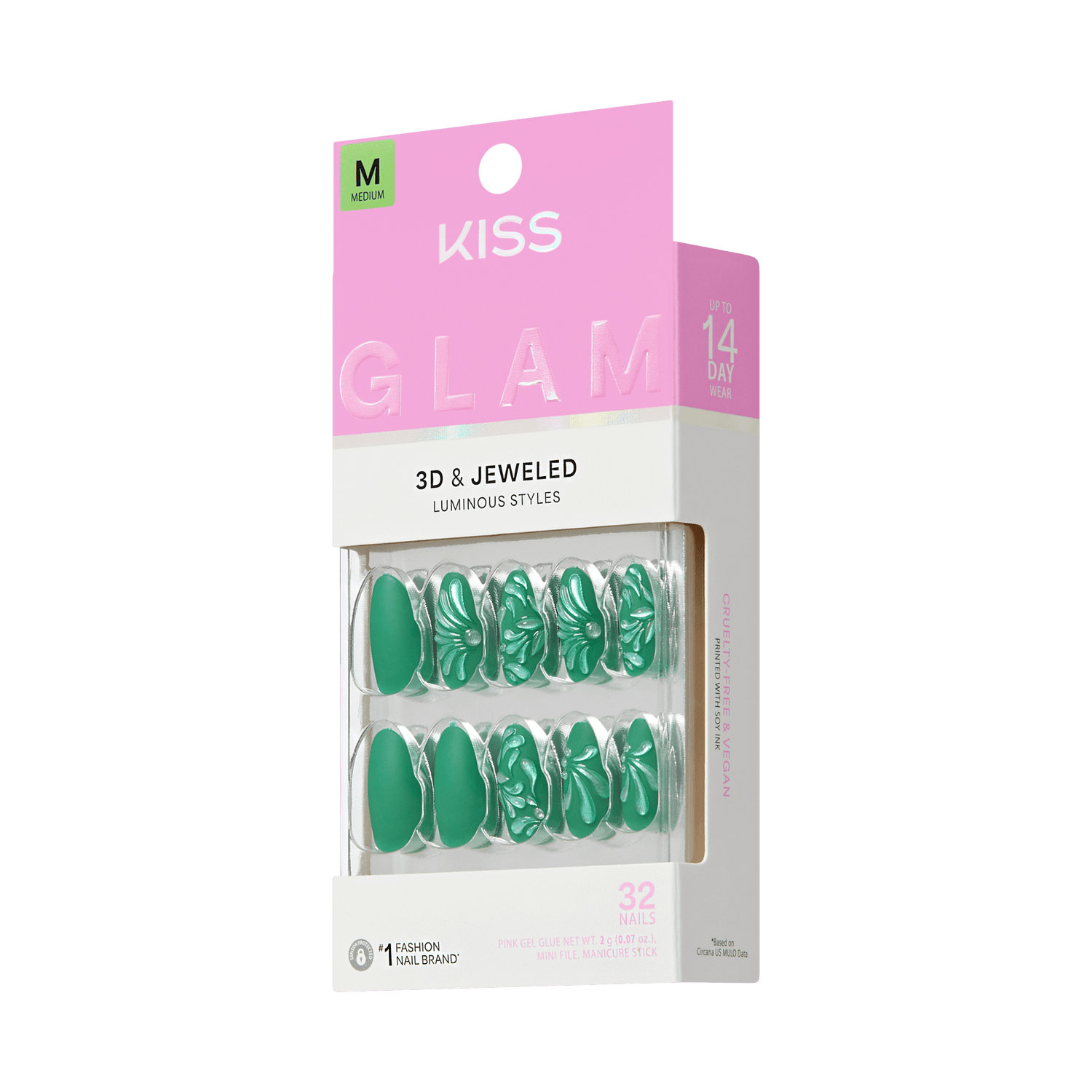 KISS Glam 3D &amp; Jeweled Luminous Styles press-on nails packaging, Medium size, 32 nails, dark green almond nails with white embossed floral designs on transparent background
