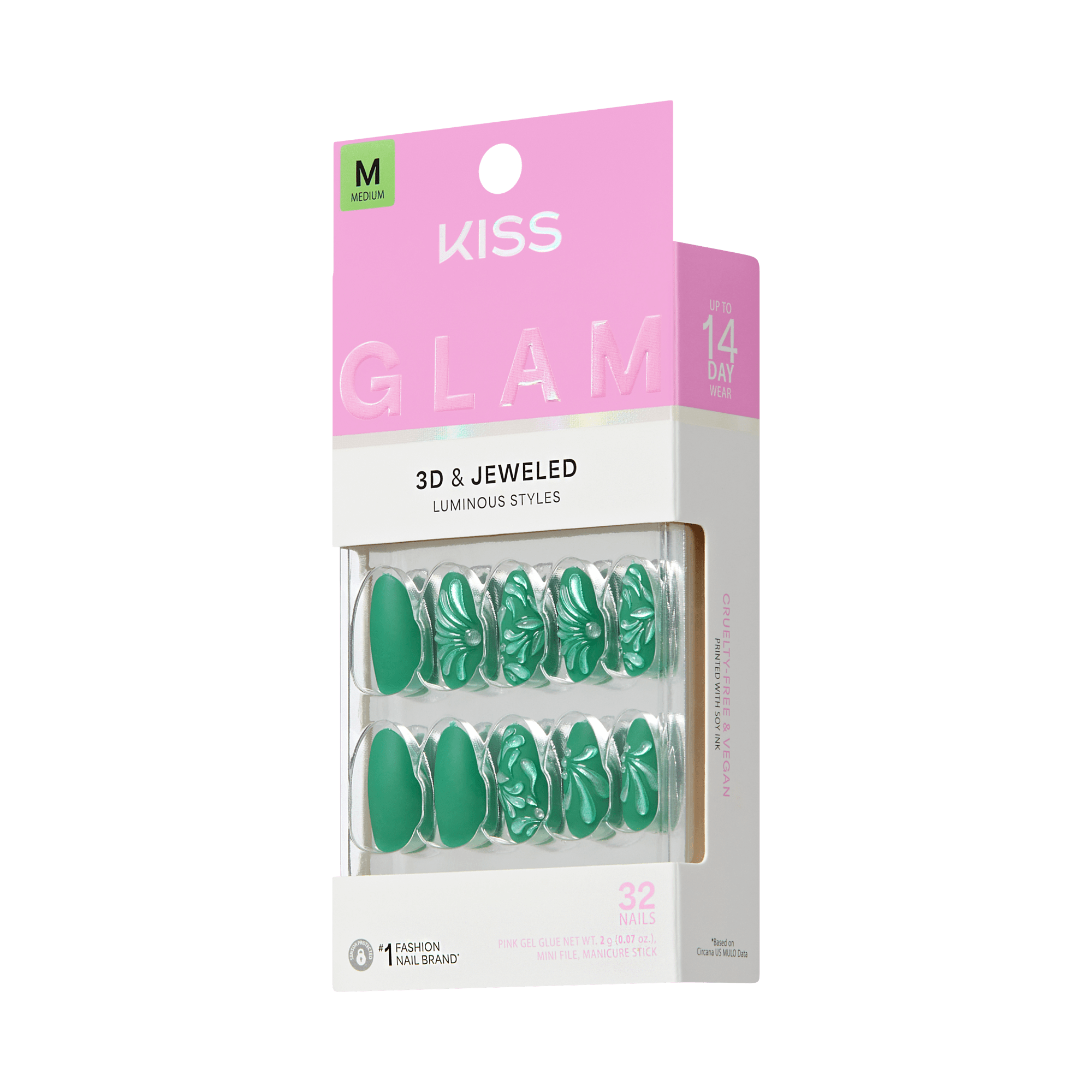 KISS Glam 3D &amp; Jeweled Luminous Styles press-on nails packaging, Medium size, 32 nails, dark green almond nails with white embossed floral designs on transparent background