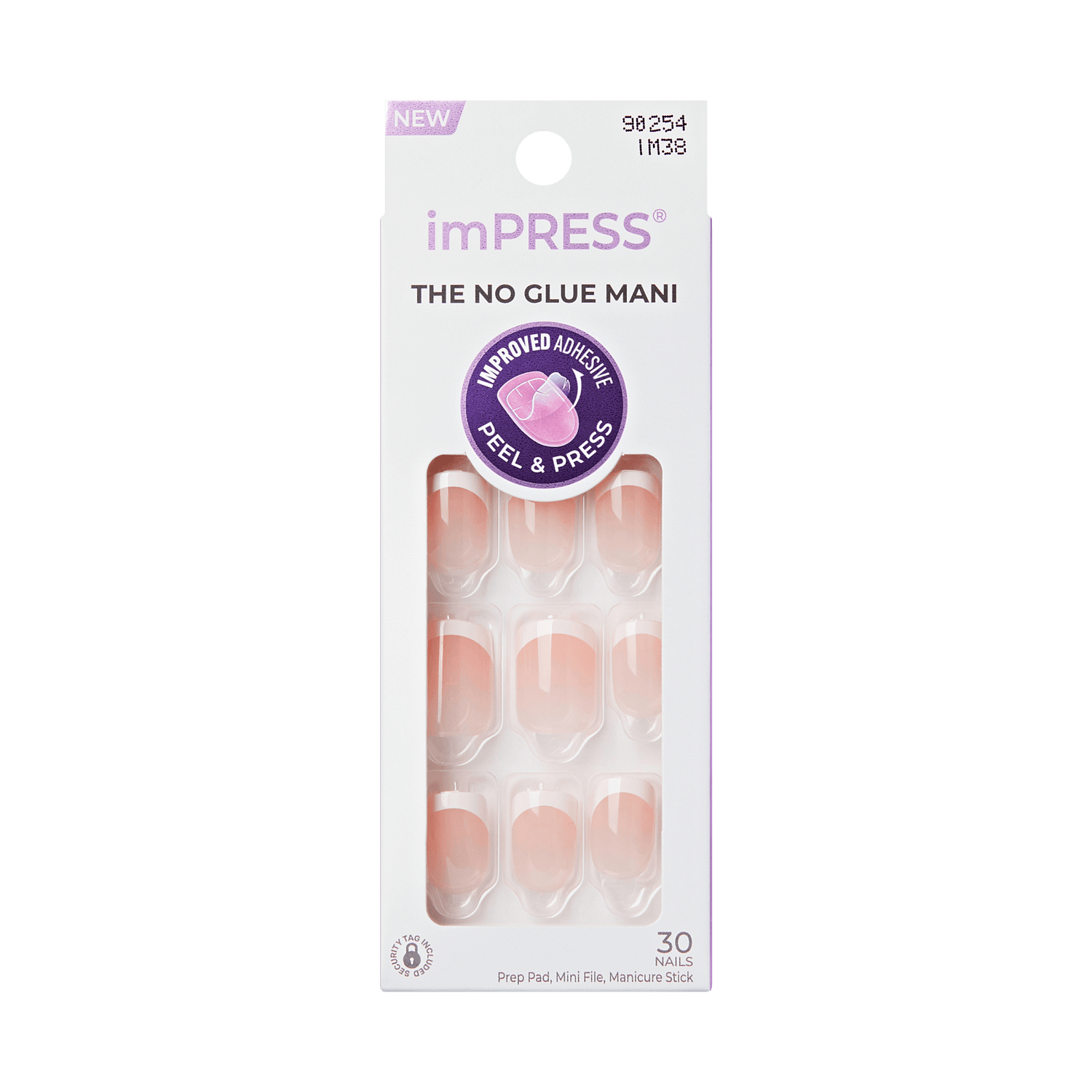 imPRESS Chic French press-on nails package showing 30 natural pink nails with white tips, labeled \