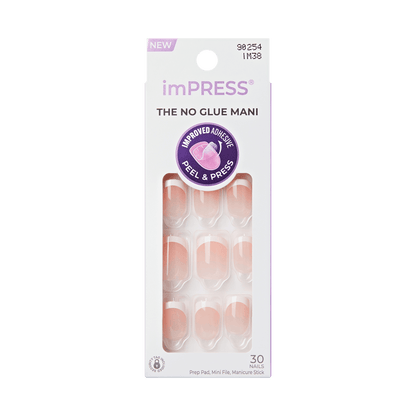 imPRESS Chic French press-on nails package showing 30 natural pink nails with white tips, labeled \