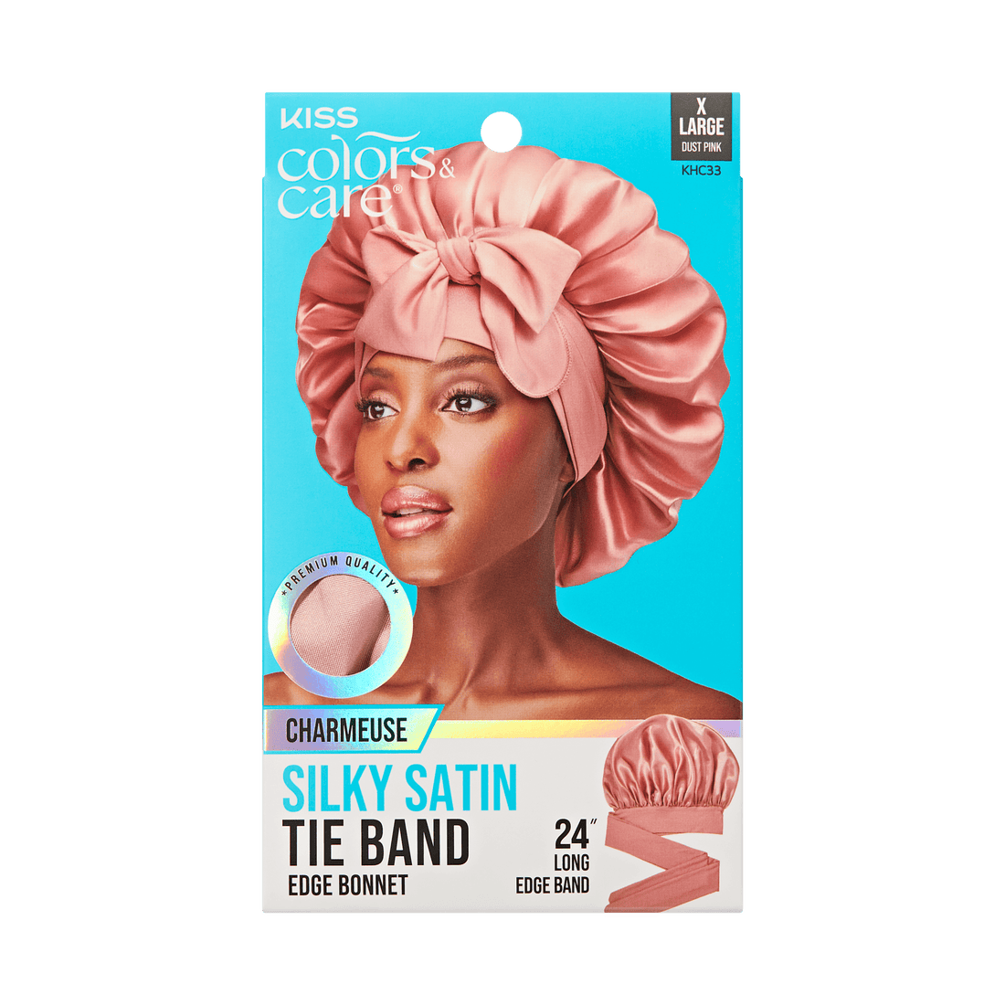 Silky satin tie band packaging with a model wearing a pink bonnet on a green background