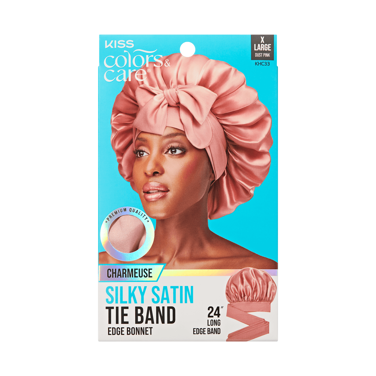 Silky satin tie band packaging with a model wearing a pink bonnet on a green background