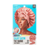 Silky satin tie band packaging with a model wearing a pink bonnet on a green background