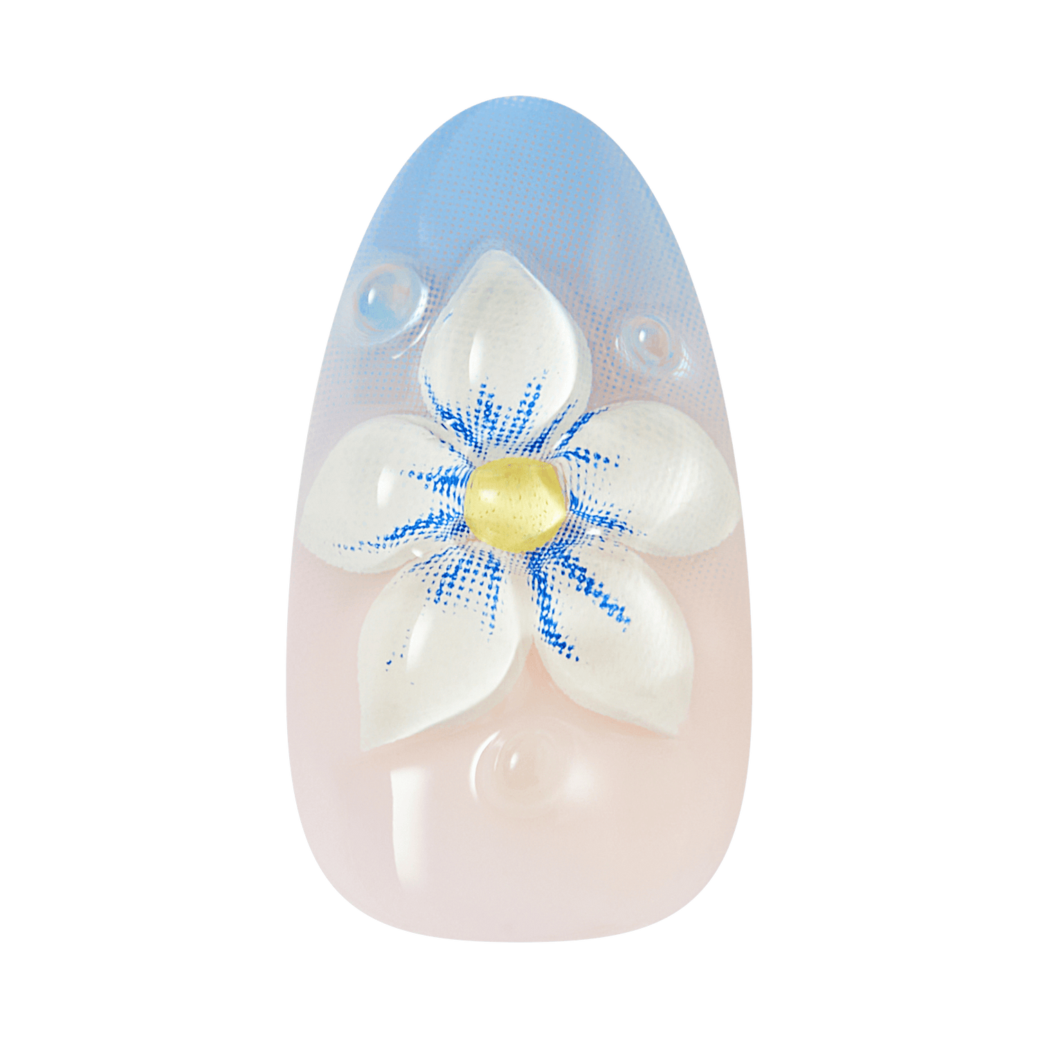 Nail art design with a white flower and blue accents on a pink background