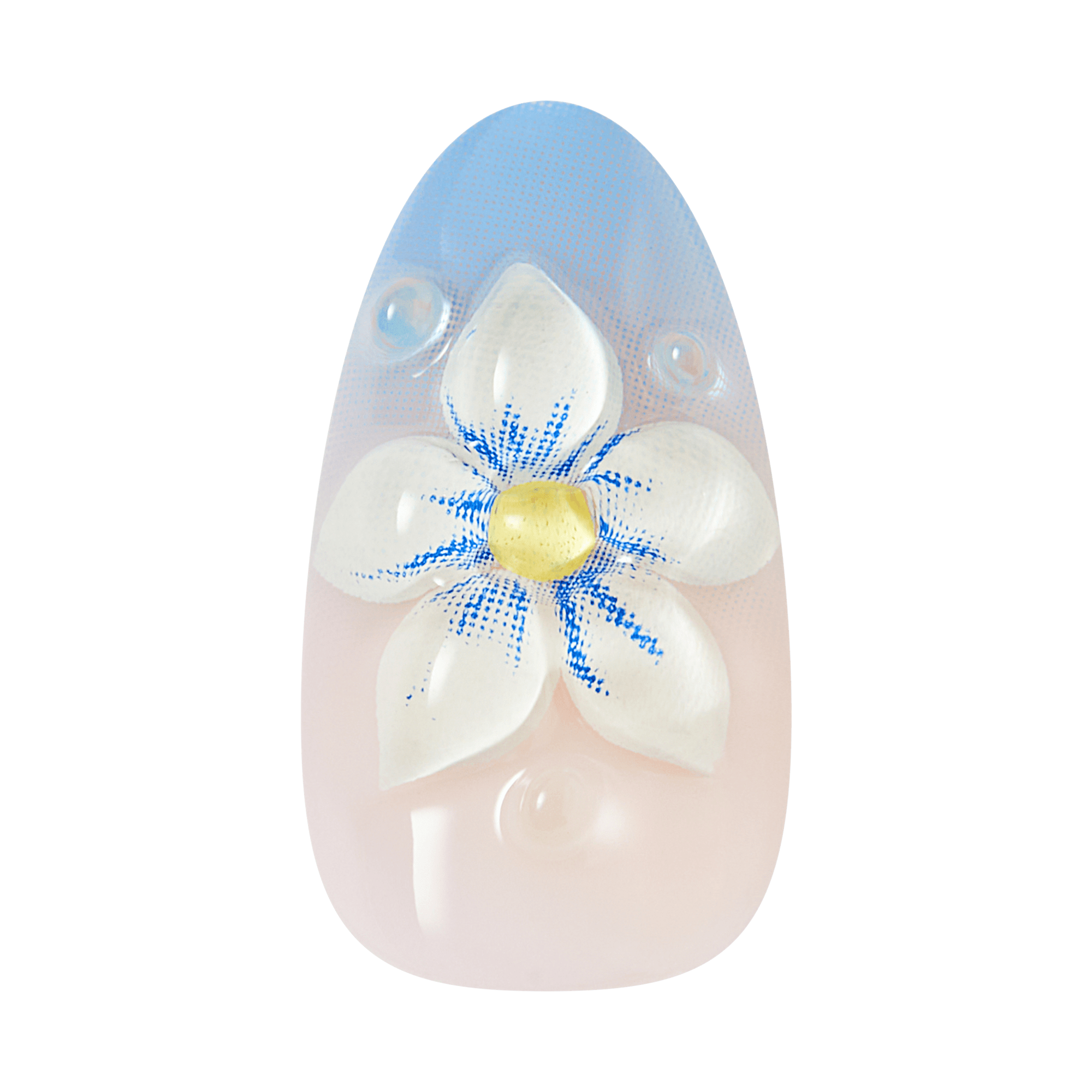 Nail art design with a white flower and blue accents on a pink background