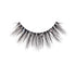 The image shows a single false eyelash strip. The eyelash is black and features long, wispy fibers that taper towards the ends. The base of the eyelash strip is adorned with small, reflective rhinestones, adding a touch of sparkle and glamour. The overall design is dramatic and intended to enhance the appearance of the eyes when worn.
