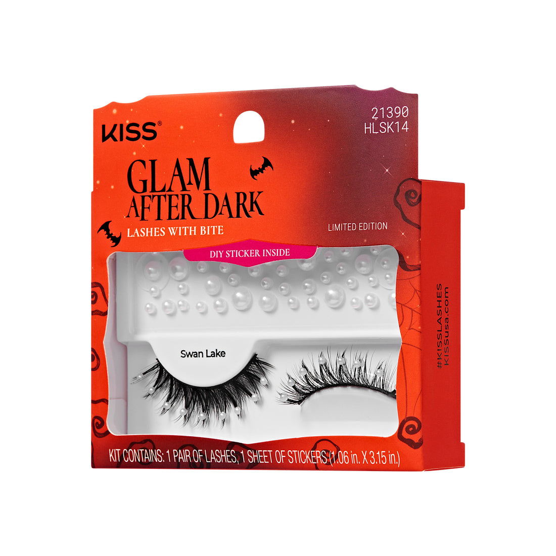 KISS Glam After Dark Halloween false eyelashes with white gem stickers, limited edition Swan Lake style in orange-red packaging with bats and spider web accents.