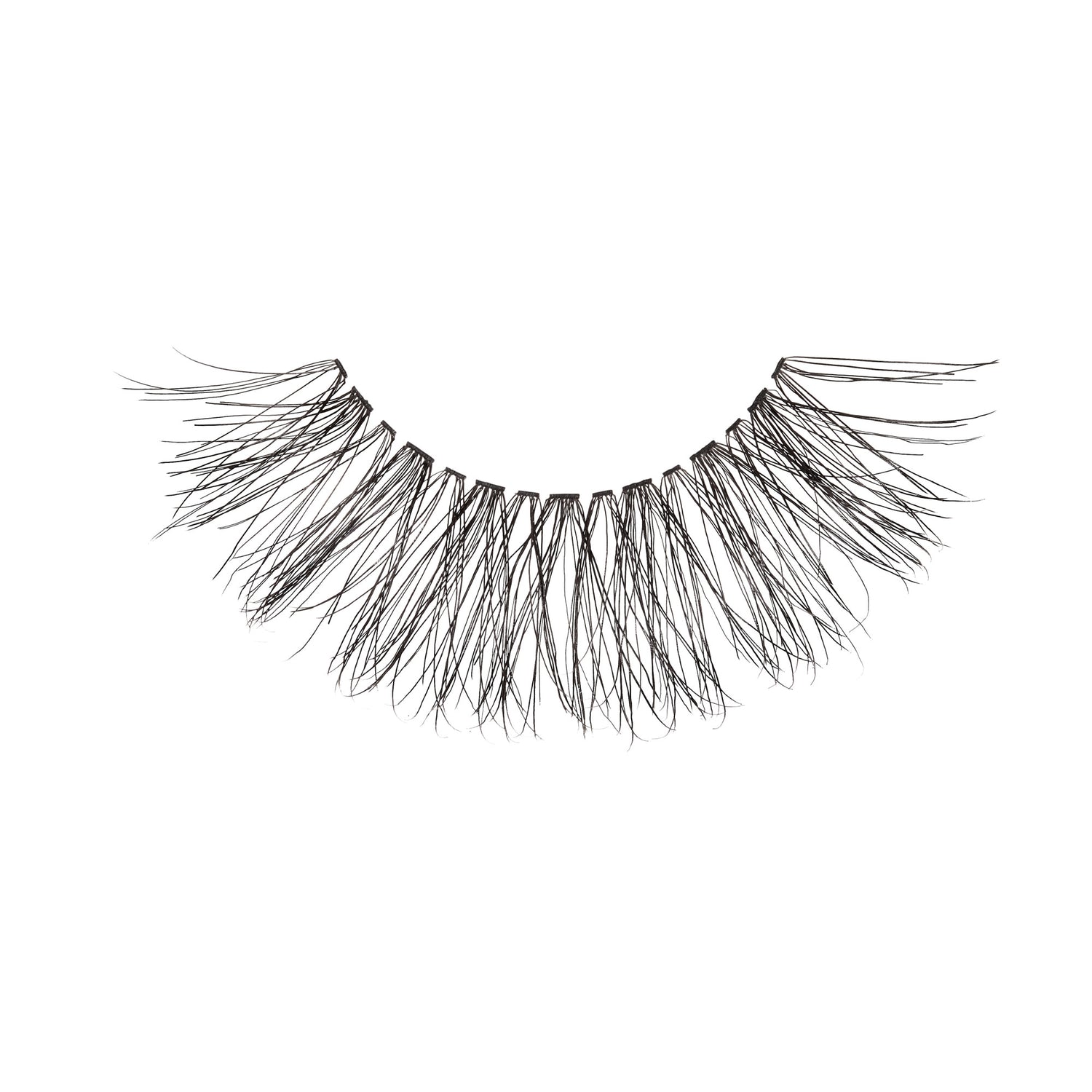 Delicate black false eyelash strip with a natural, wispy design featuring spaced, long clusters for a lightweight look.