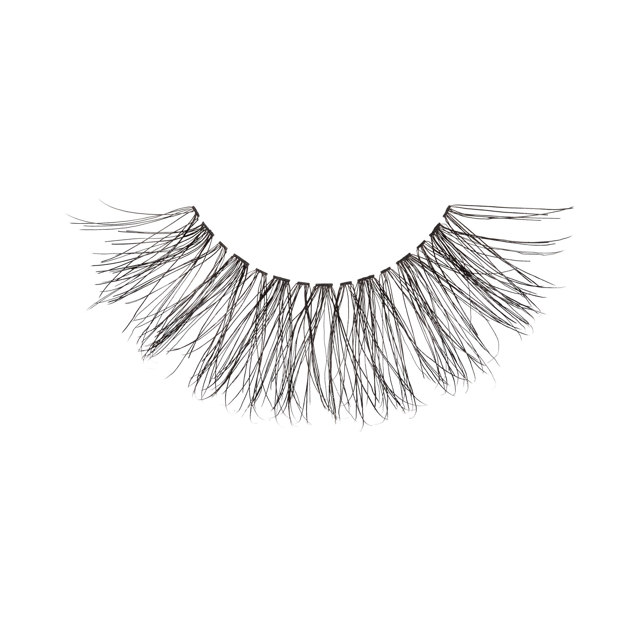Delicate black false eyelash strip with a natural, wispy design featuring spaced, long clusters for a lightweight look.
