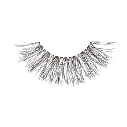 Delicate black false eyelash strip with a natural, wispy design featuring spaced, long clusters for a lightweight look.