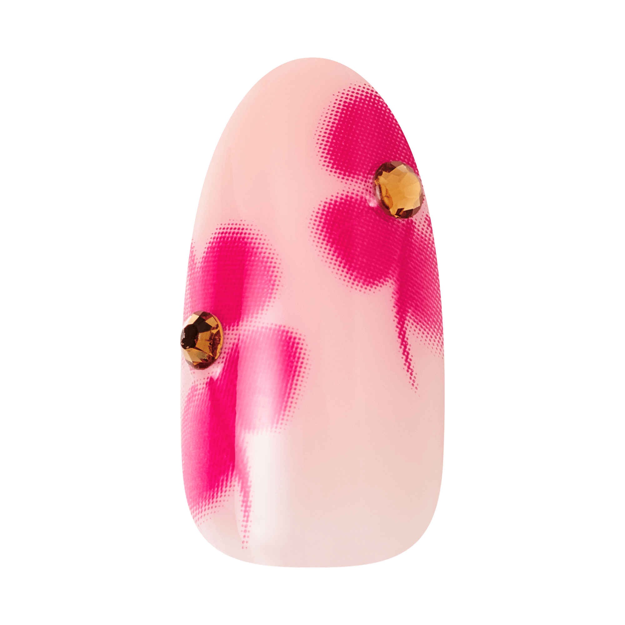 Pink and white marbled nail art with gold studs on a transparent background