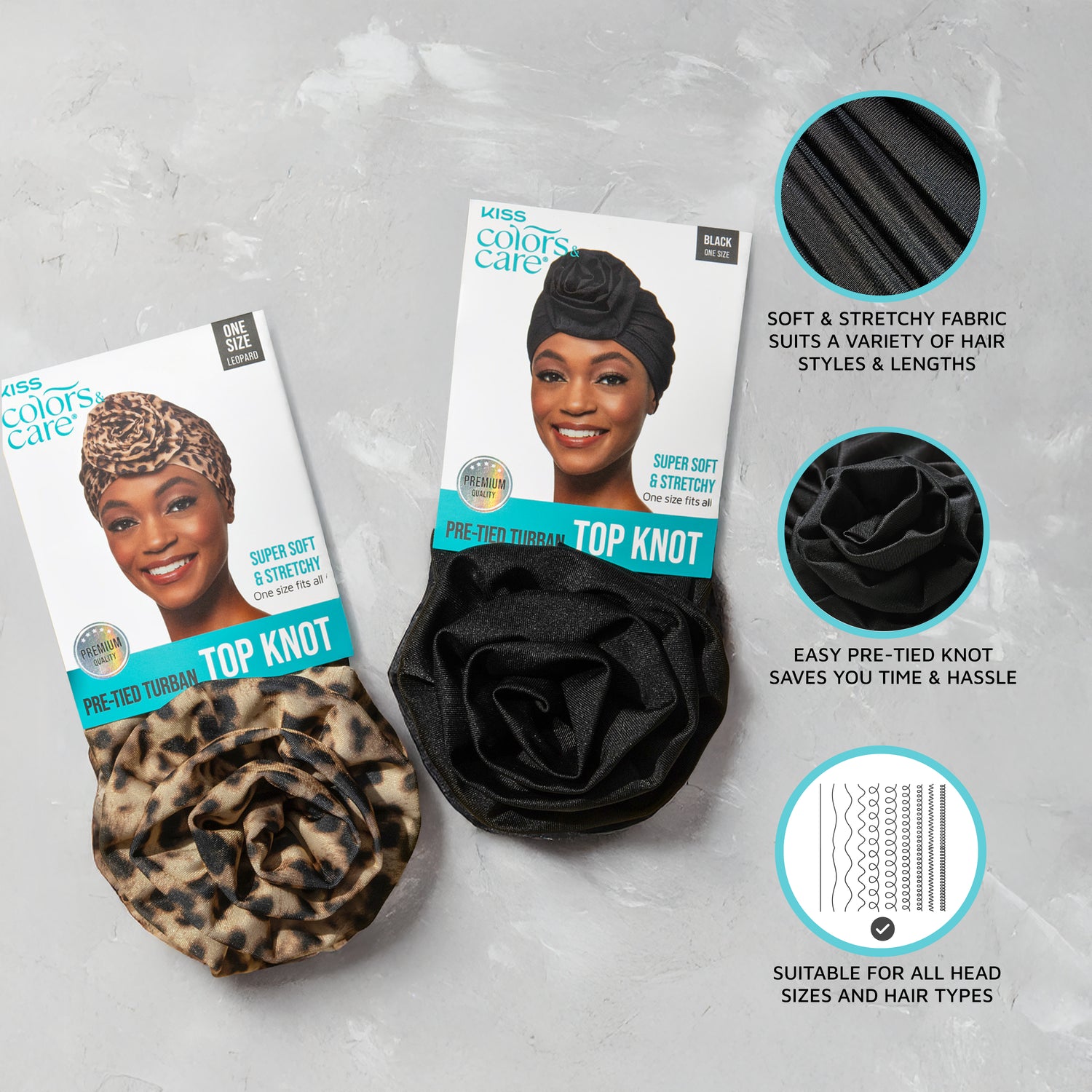 KISS Colors &amp; Care Pre-Tied Top Knot Turban packaging shows two turbans, leopard and black, with a smiling model.