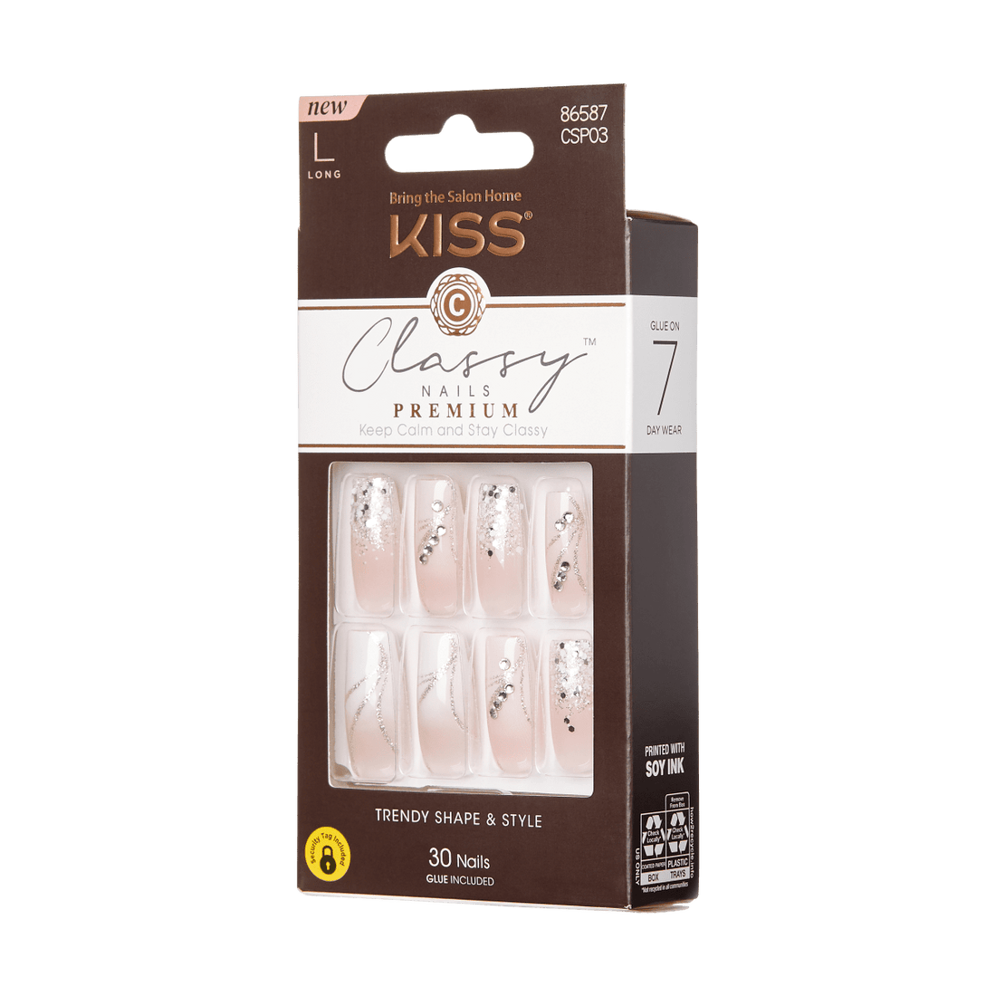 KISS Classy Nails Premium, Press-On Nails, Stunning!, Pink, Long Square, 30ct
