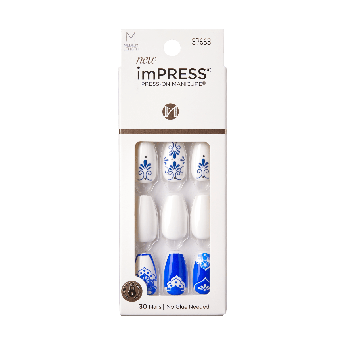 KISS imPRESS No Glue Mani Press On Nails, Design, Cherish, Blue, Med Coffin, 30ct