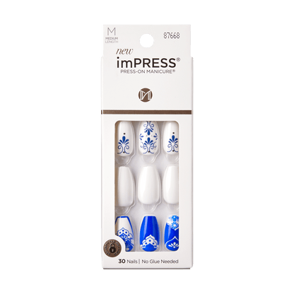 KISS imPRESS No Glue Mani Press On Nails, Design, Cherish, Blue, Med Coffin, 30ct