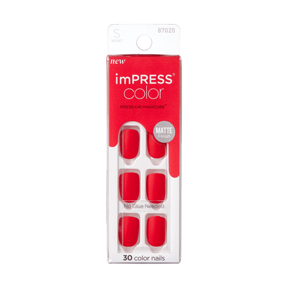 KISS imPRESS No Glue Mani Press On Nails, Color, Rising Sun, Red, Short Squoval, 30ct