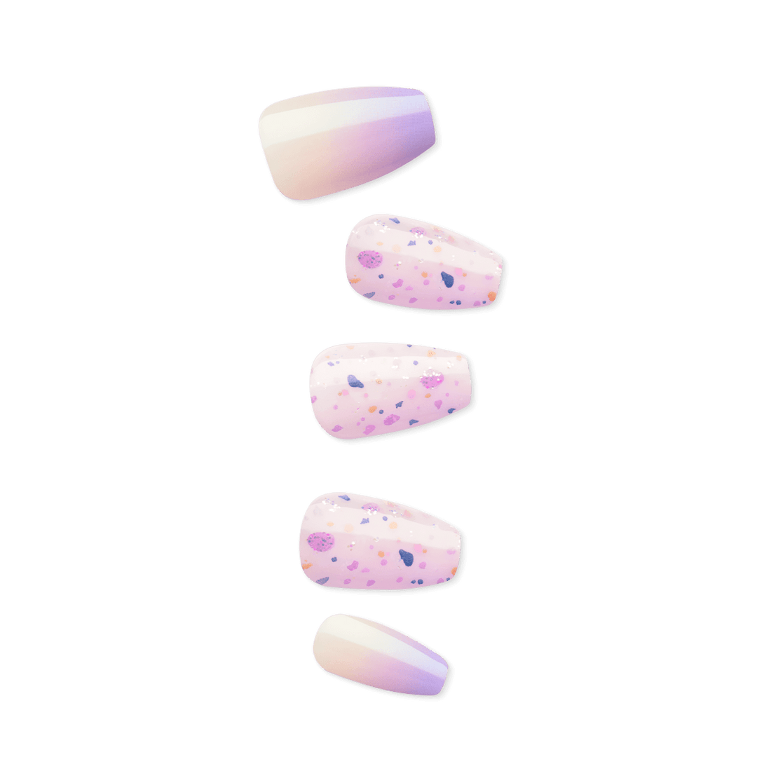 Set of five press-on nails in pastel colors featuring two designs: a soft iridescent gradient and a speckled pattern with pink, purple, and orange accents.