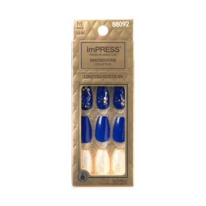 KISS imPRESS No Glue Mani Press On Nails, Couture, Sapphire, Blue, Med Coffin, 30ct