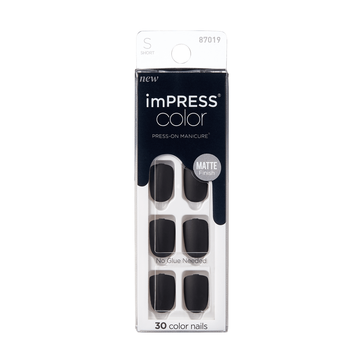 KISS imPRESS No Glue Mani Press On Nails, Color, On the Road, Black, Short Squoval, 30ct