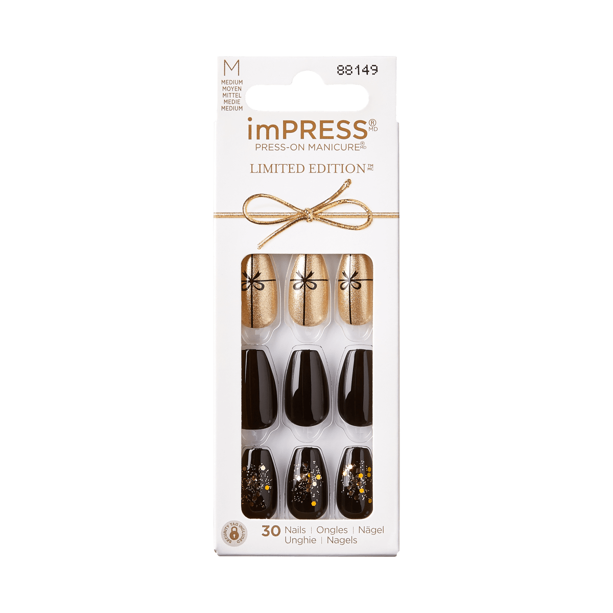 KISS imPRESS No Glue Mani Press On Nails, Design, Naughty or Nice, Black, Med Coffin, 30ct