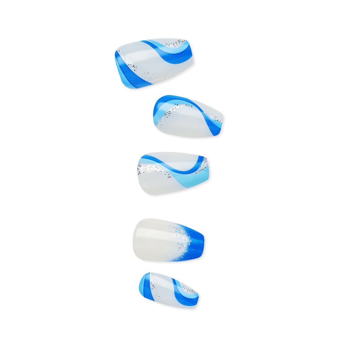 Set of five press-on nails featuring a white base with blue swirling waves and silver glitter accents in various sizes and shapes.
