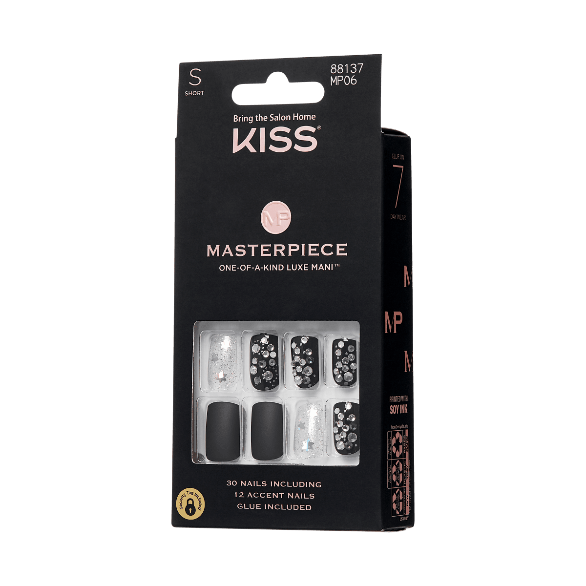 KISS Masterpiece, Press-On Nails, Show My Throne, Black, Short Squoval, 30ct