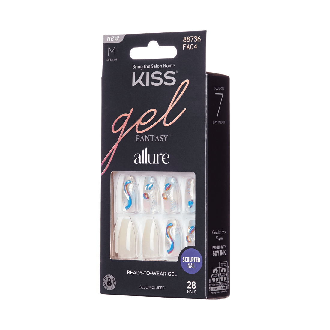 KISS Gel Fantasy, Press-On Nails, Band of Color, White, Med Coffin, 28ct